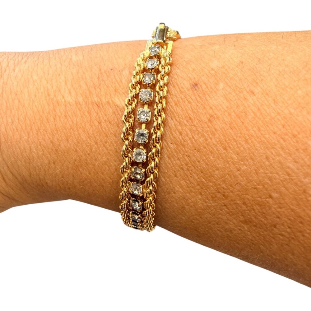 Vintage 14K Gold Plated Tennis Bracelet W/ Clear Rhinestones & Box Clasp
